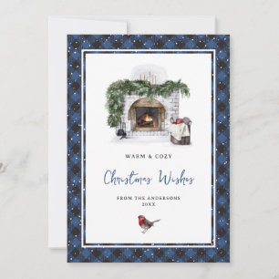 Watercolor Blue Plaid Snow Christmas Wishes Cards