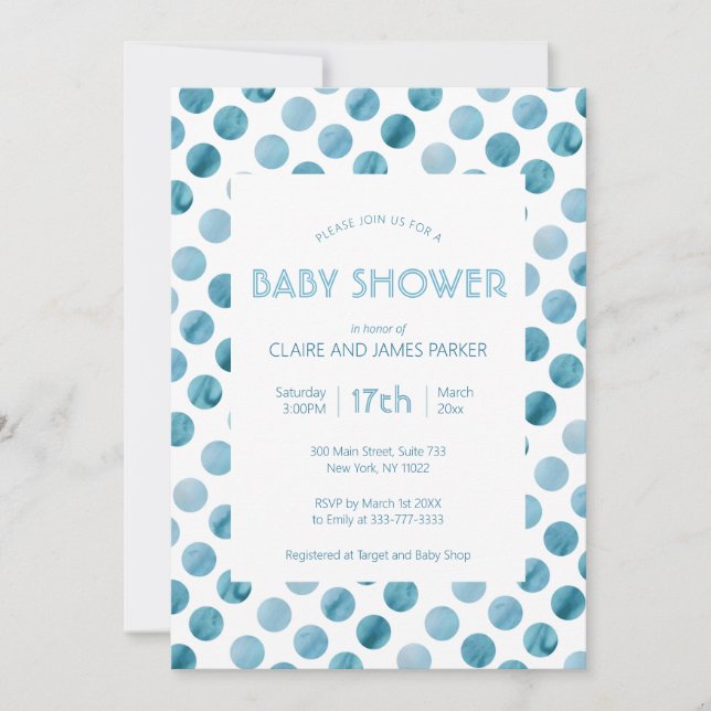 Watercolor Blue Polka Dot Cute Baby Shower Invitation (Front)