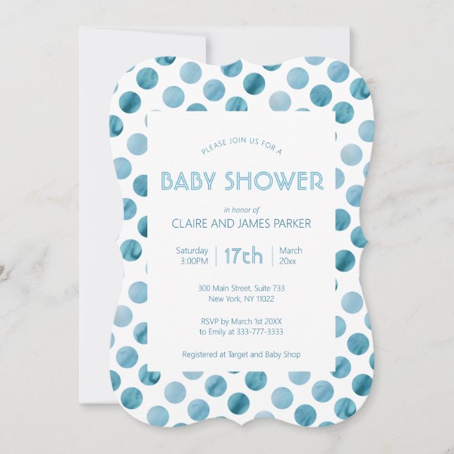 Watercolor Blue Polka Dot Cute Baby Shower Invitation (Front)