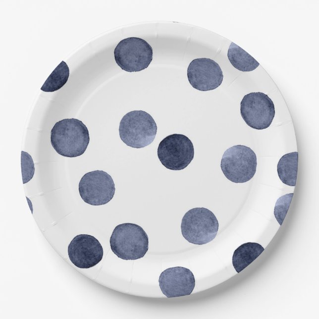 Watercolor . Blue polka dot . Paper Plate (Front)