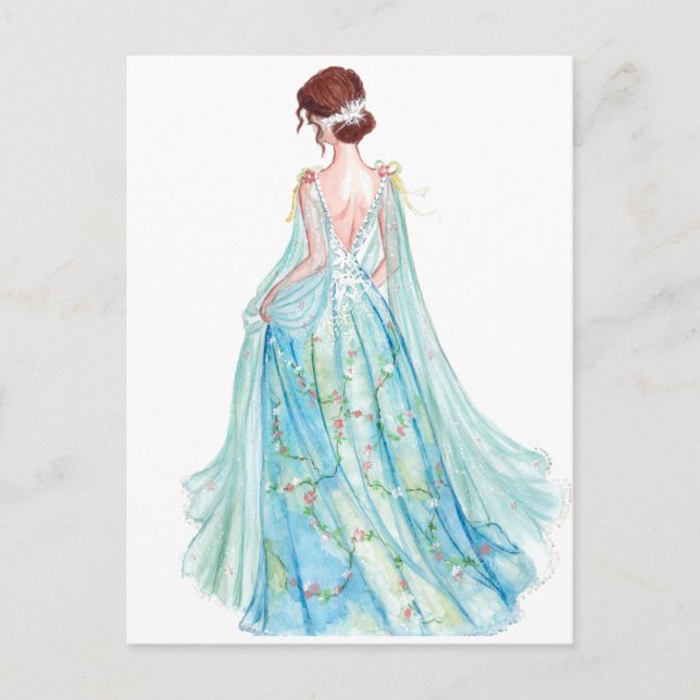 Watercolor blue princess fashion illustration postcard (Front)