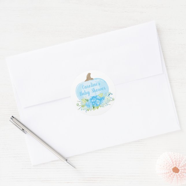 Watercolor Blue Pumpkin Baby Boy Shower Classic Round Sticker (Envelope)