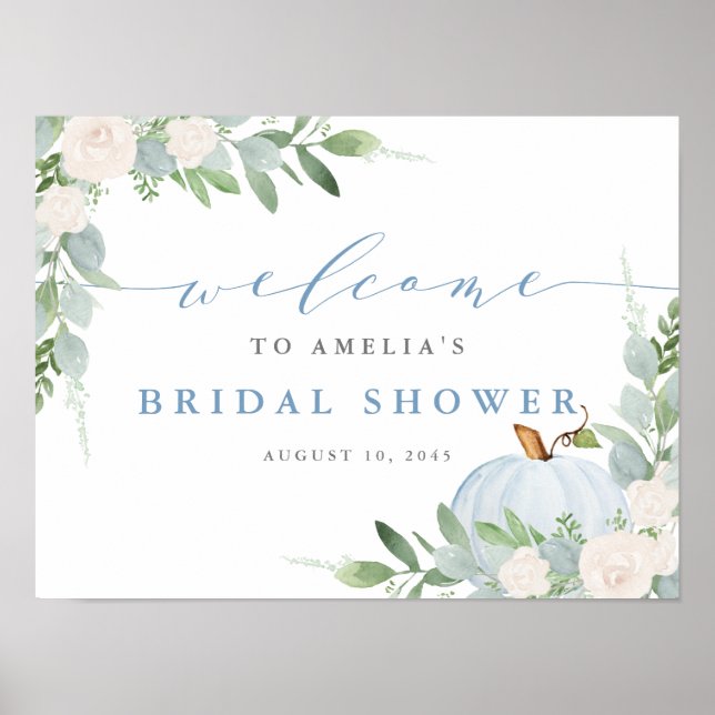 Watercolor Blue Pumpkin Fall Bridal Shower Welcome Poster (Front)