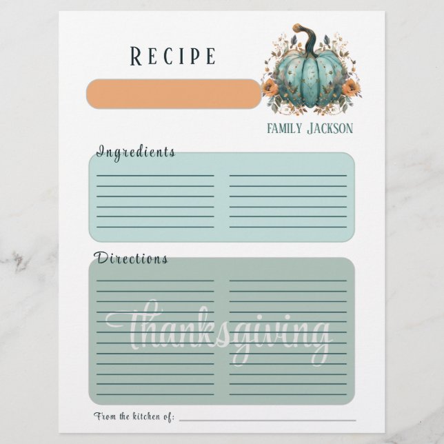 Watercolor Blue Pumpkin Thanksgiving binder page (Front)