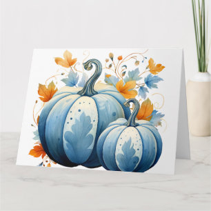 Watercolor Blue Pumpkins & Autumn Leaves Card