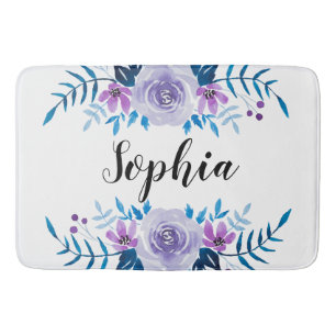 Watercolor Blue Purple Floral Wreath Custom Text Bath Mat