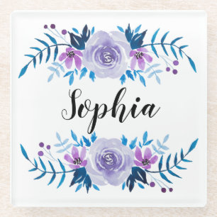 Watercolor Blue Purple Floral Wreath Custom Text Glass Coaster