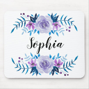 Watercolor Blue Purple Floral Wreath Custom Text Mouse Pad