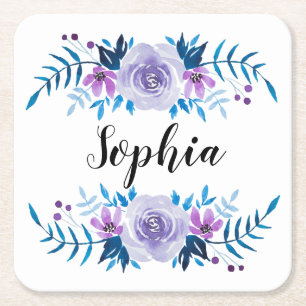 Watercolor Blue Purple Floral Wreath Custom Text Square Paper Coaster