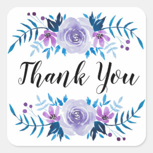 Watercolor Blue Purple Floral Wreath Thank You Square Sticker