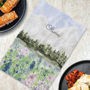 Watercolor Blue Purple Flower Meadow Mountain Tea Towel