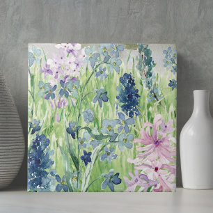 Watercolor Blue Purple Flower Meadow on Mountain Ceramic Tile