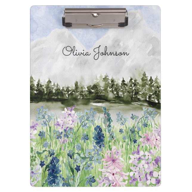 Watercolor Blue Purple Flower Meadow on Mountain Clipboard (Front)