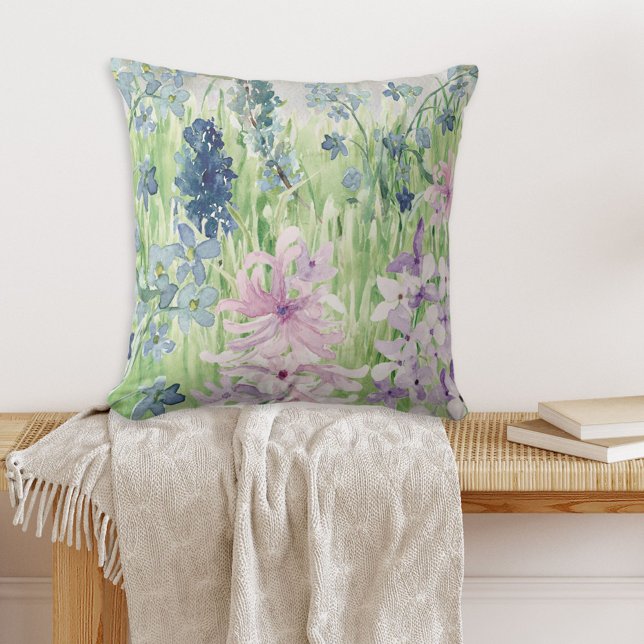 Watercolor Blue Purple Flower Meadow on Mountain Cushion (In situ on bench)