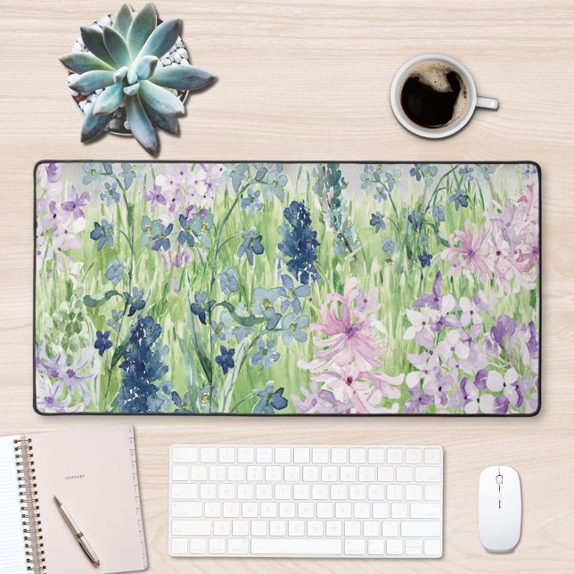 Watercolor Blue Purple Flower Meadow on Mountain Desk Mat (In situ office table)