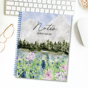 Watercolor Blue Purple Flower Meadow on Mountain Notebook