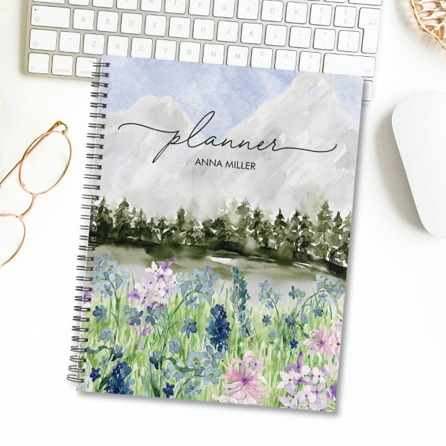 Watercolor Blue Purple Flower Meadow on Mountain Planner (In situ office desk)