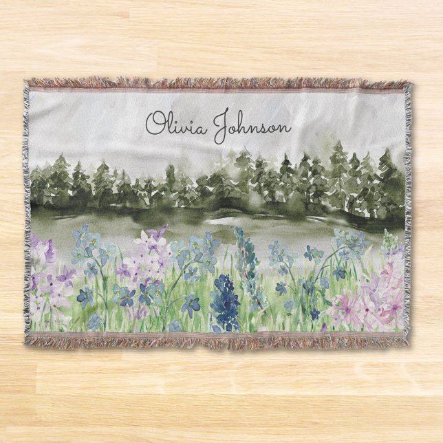 Watercolor Blue Purple Flower Meadow on Mountain Throw Blanket (In situ on wood floor)
