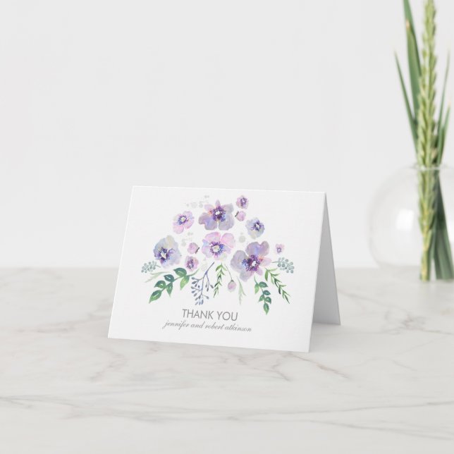 Watercolor Blue Purple Flowers Wedding Thank You Card (Front)