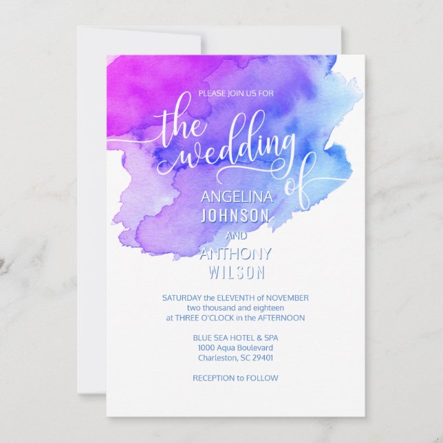 Watercolor Blue Purple Violet Wedding Invitations (Front)