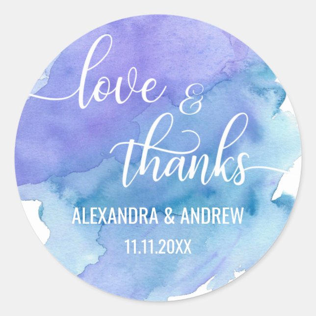 Watercolor Blue Purple Wedding Love & Thanks Classic Round Sticker (Front)