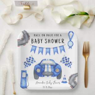 Watercolor Blue Race Car Baby Shower  Paper Plate
