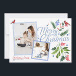 Watercolor Blue Red Merry Christmas Two Photos Holiday Card<br><div class="desc">Watercolor Blue Citrus Merry Christmas Two Photo Holiday Card
This beautiful Christmas Photo Card features watercolor blue frames for two photos with Orange,  Citrus Flowers with winter garland greenery around Merry Christmas wording and cute Robin bird.
Message me for any need adjustments</div>