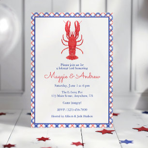 Watercolor Blue & Red Plaid Lobster Invitation