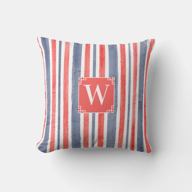 Watercolor Blue Red White Stripes, USA Style  Cushion (Front)