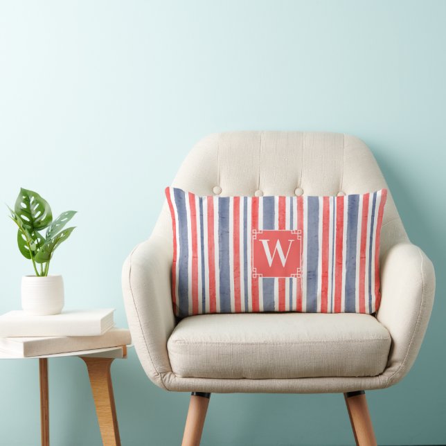 Watercolor Blue Red White Stripes, USA Style Lumbar Cushion (Chair)