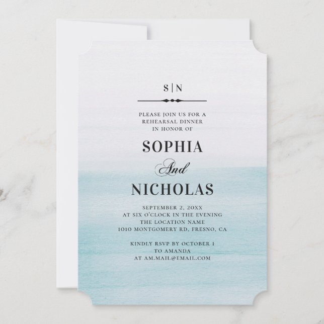Watercolor blue rehearsal dinner. Elegant simple Invitation (Front)