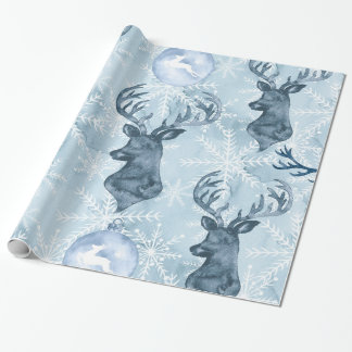 Watercolor Blue Reindeer Christmas Wrapping Paper