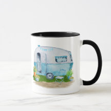 Watercolor blue Retro Vintage Camper Caravan
