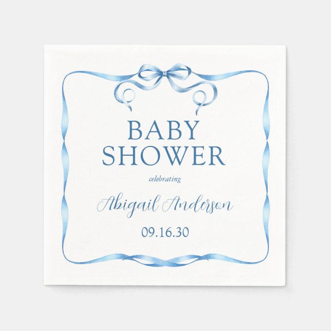 Watercolor Blue Ribbon Baby Shower Napkin (Front)
