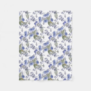 Watercolor blue roses flowers feathers white fleece blanket