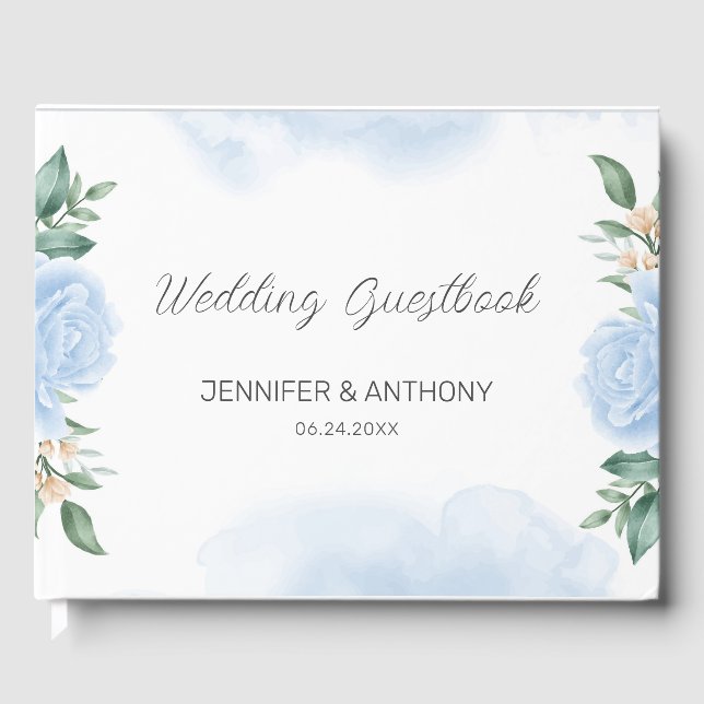 Watercolor Blue Roses Green Foliage  Guest Book (Front)
