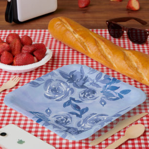 Watercolor Blue Roses Paper Plate