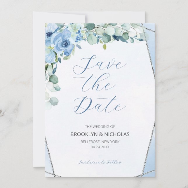 Watercolor Blue Roses  Save The Date (Front)