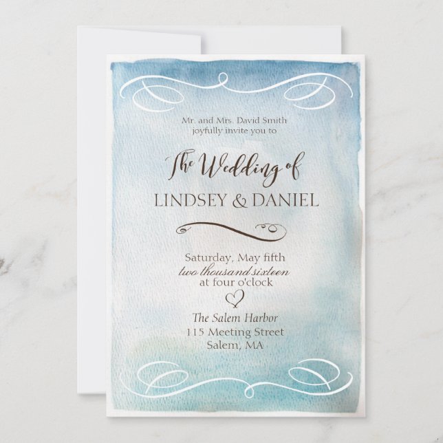 Watercolor Blue Sea or Sky Wedding Invitation (Front)