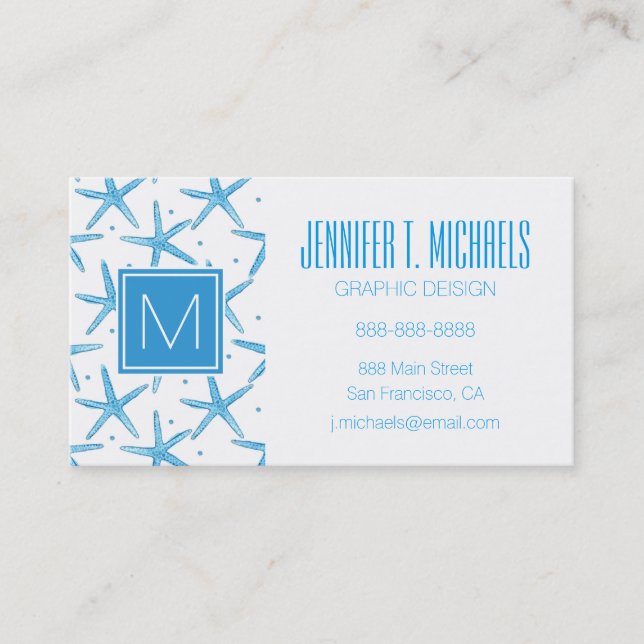 Watercolor Blue Sea Stars Pattern Business Card (Front)