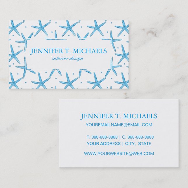 Watercolor Blue Sea Stars Pattern Business Card (Front/Back)