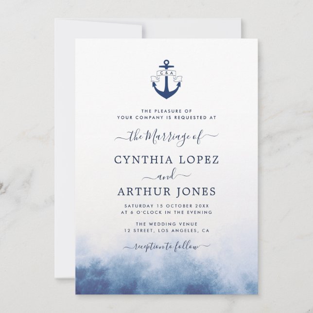 watercolor blue sea theme nautical wedding invitation (Front)