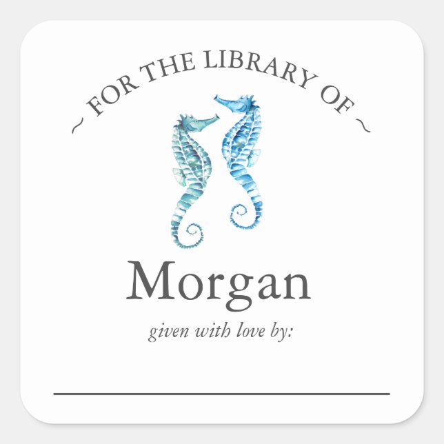 Watercolor Blue Seahorses Bookplate Square Sticker (Front)