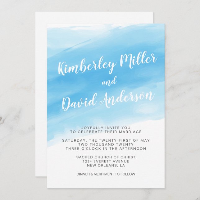 Watercolor Blue Seaside Wedding Invitation (Front/Back)