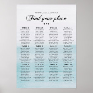 Watercolor blue seating chart. Elegant wedding Poster