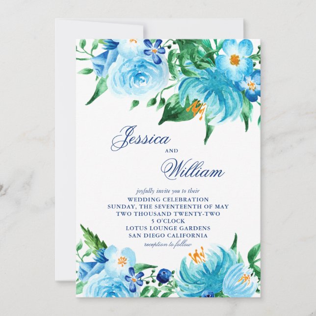 Watercolor Blue Shades Floral Wedding Invitation (Front)