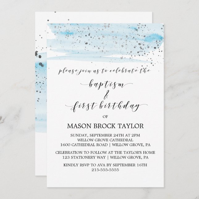 Watercolor Blue & Silver Baptism & 1st Birthday Invitation (Front/Back)