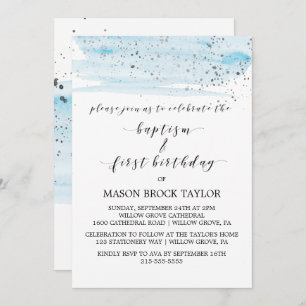 Watercolor Blue & Silver Baptism & 1st Birthday Invitation
