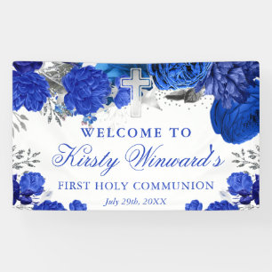 Watercolor Blue Silver Flowers 1st Holy Communion Banner