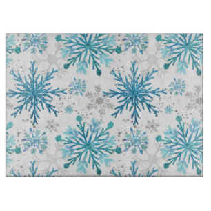 Watercolor Blue & Silver Glitter Winter Snowflakes Cutting Board
